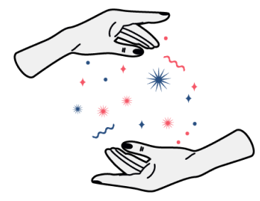 Illustration of two human hands with different color shapes and icons between them.