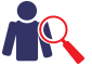 Icon depicting a magnifying glass hovering over a person, representing customer data.