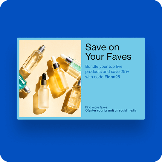 Mailpiece promoting a bundle of skincare and beauty products, with the brand’s Instagram handle included. 