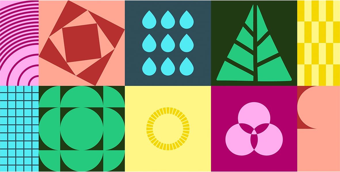 Illustration showing several icons relating to eco-friendliness and sustainability.