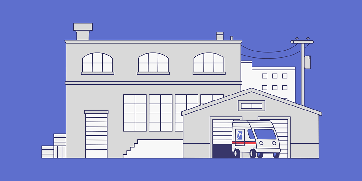 A USPS delivery truck in front of a warehouse.