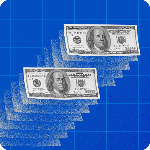 Photo and illustration collage showing stacks of $100 bills rising up against a gridded blue background.