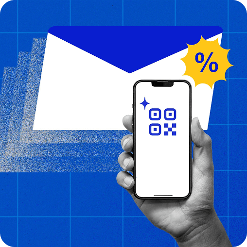Photo and illustration collage of a person holding a smartphone displaying a QR Code, with an envelope and a percentage sign in the background.