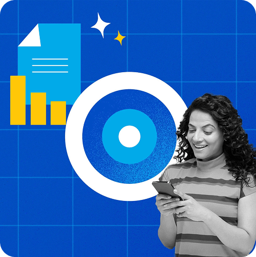 Photo and illustration collage of a woman looking at her smartphone with a target, and a bar graph in the background.