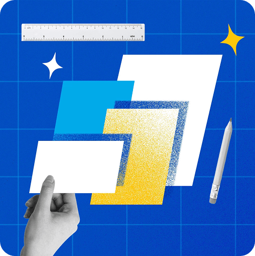 Photo and illustration collage of someone’s hand holding a piece of paper with other documents, a ruler, and a pencil in the background.