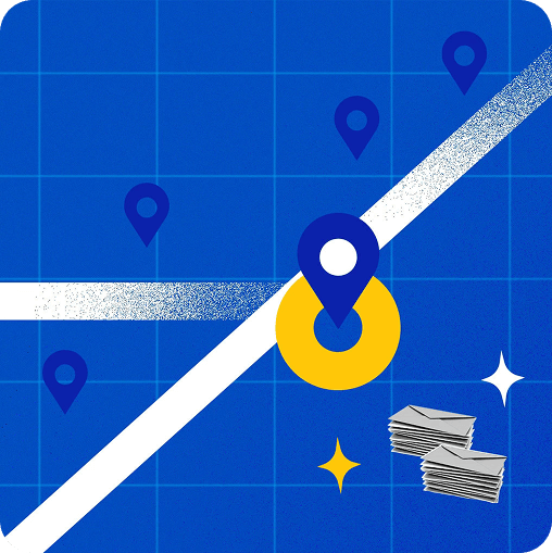 Photo and illustration collage showing a stack of mailpieces and several geo pins against a gridded blue background.