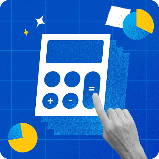 Photo and illustration collage of someone using a calculator, with pie charts and papers in the background.
