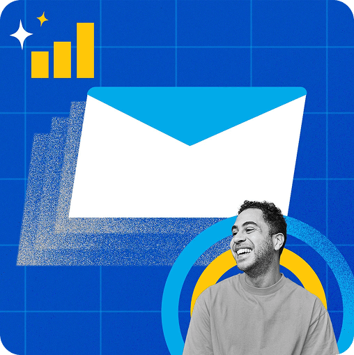 Photo and illustration collage of a man smiling, with envelopes and a bar chart in the background.