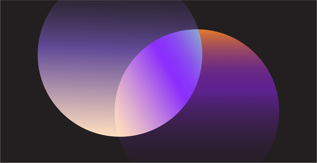 Illustration of two purple-hued circles intersecting, creating new tones within the the intersected area.