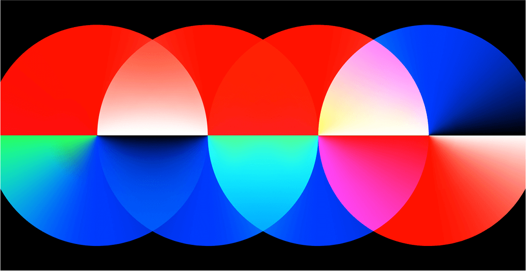 Bold, bright illustration of four circles with intersecting sections of various colors, creating different tones at the intersected areas.